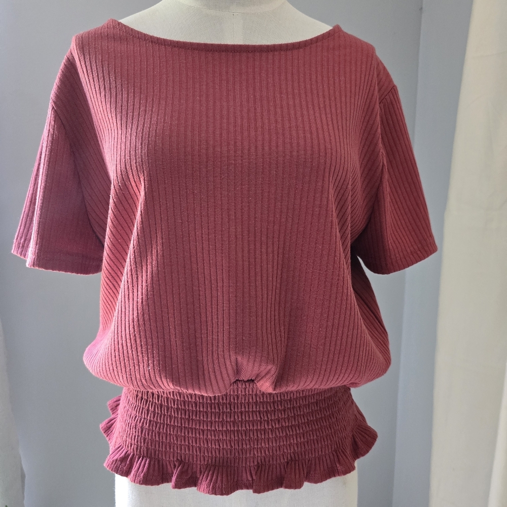 Paper Crane Burnt Orange Ribbed Smocked Blouse Elastic Bottom Women's Size Large